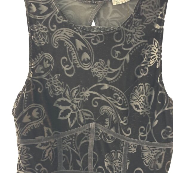 Free People Black Velvet Floral Sleeveless Bodycon Mini Dress Keyhole Back M - Picture 7 of 13